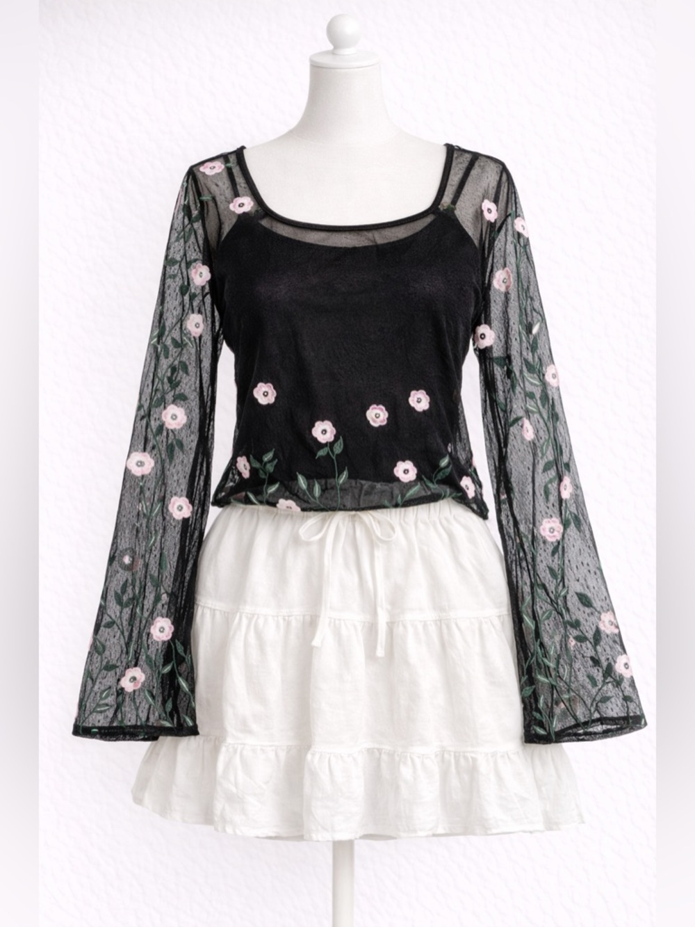 Vintage Floral Embroidered Mesh Top Black Sheer Cottagecore Blouse